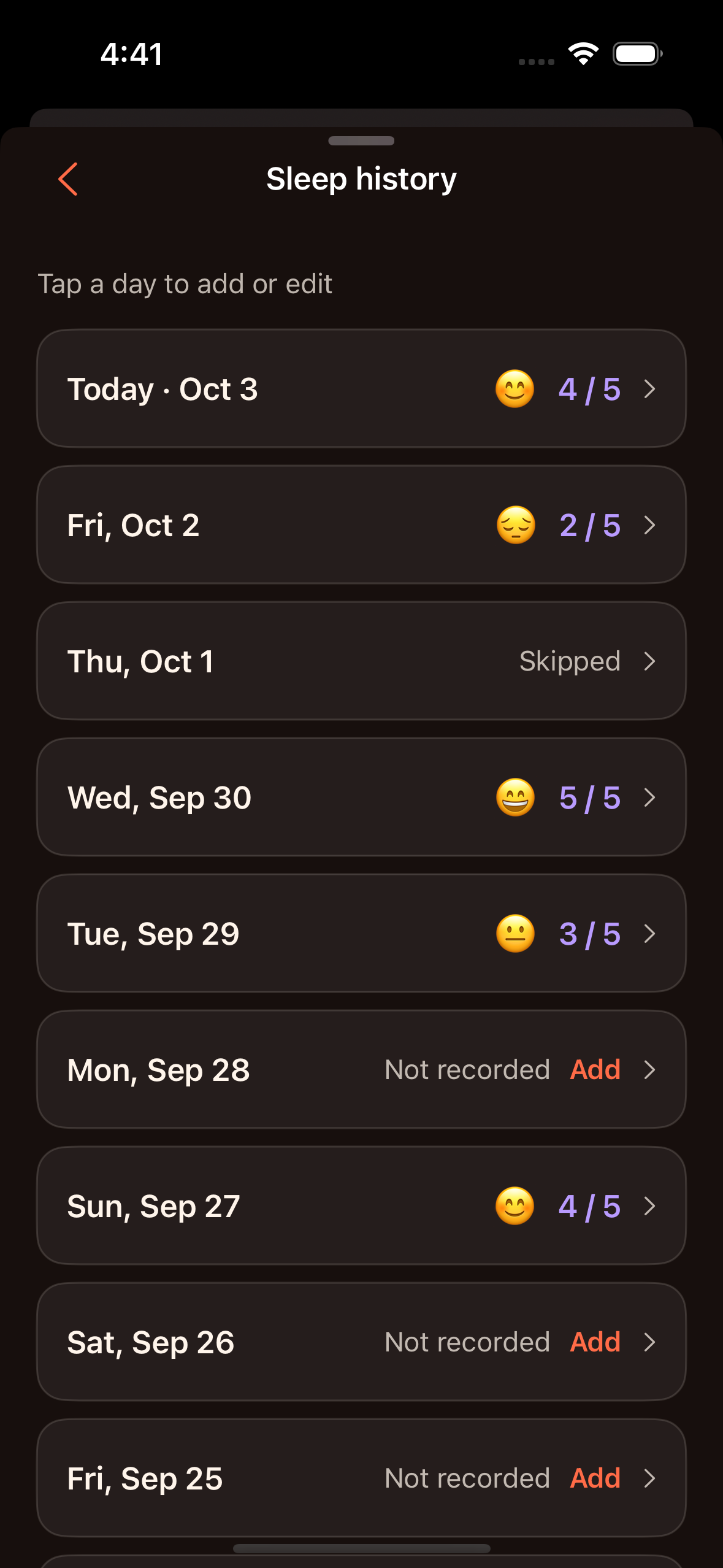 Native iOS sleep history showing dated ratings, skipped days and options to add missing entries.